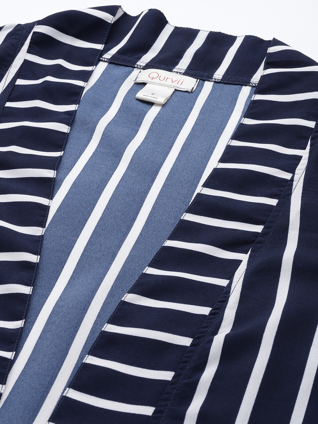Stripe Dark Navy Relaxed Fit V Neck Three Quarter Crepe Shrug