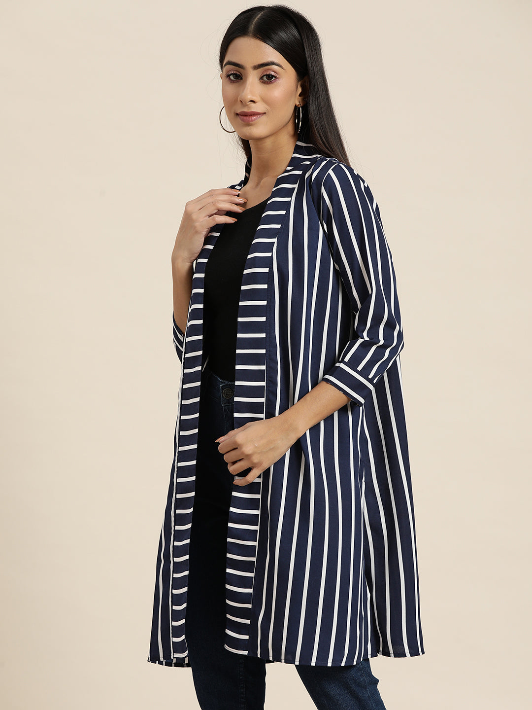 Stripe Dark Navy Relaxed Fit V Neck Three Quarter Crepe Shrug