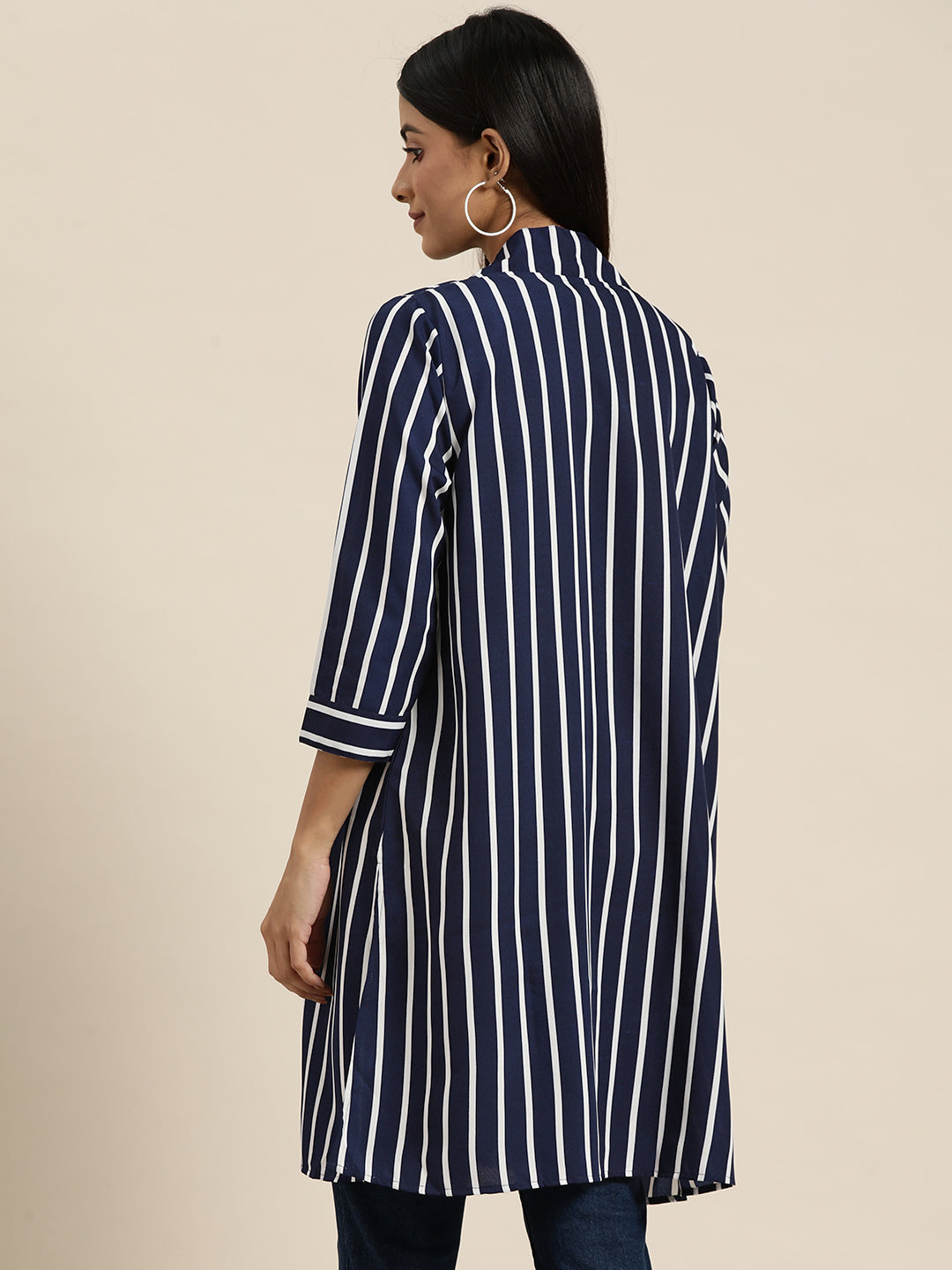 Stripe Dark Navy Relaxed Fit V Neck Three Quarter Crepe Shrug