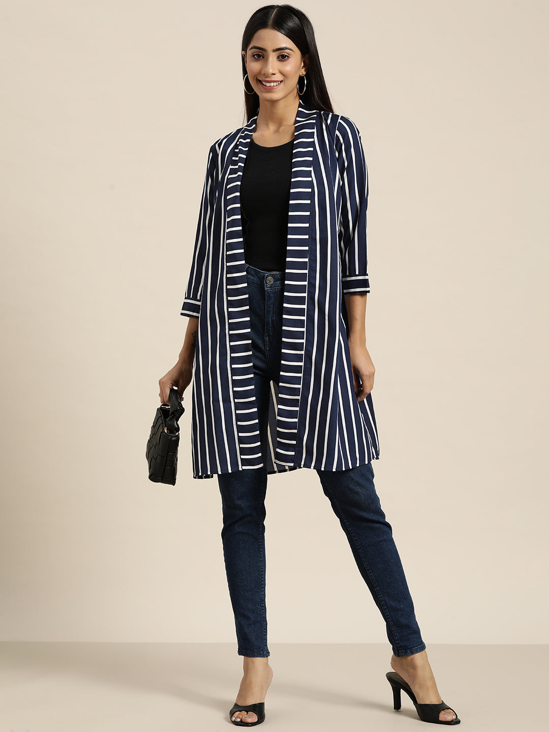 Stripe Dark Navy Relaxed Fit V Neck Three Quarter Crepe Shrug