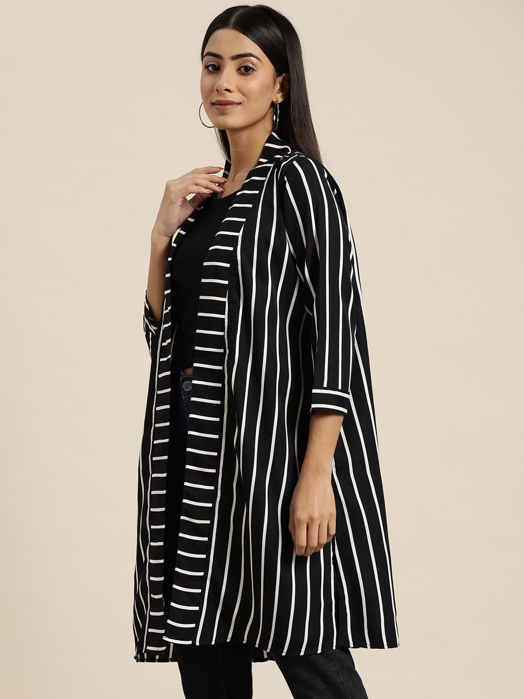 Stripe Dark Black Relaxed Fit V Neck Three Quarter Crepe Shrug