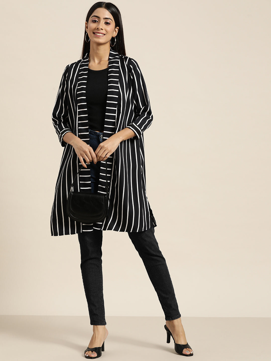 Stripe Dark Black Relaxed Fit V Neck Three Quarter Crepe Shrug