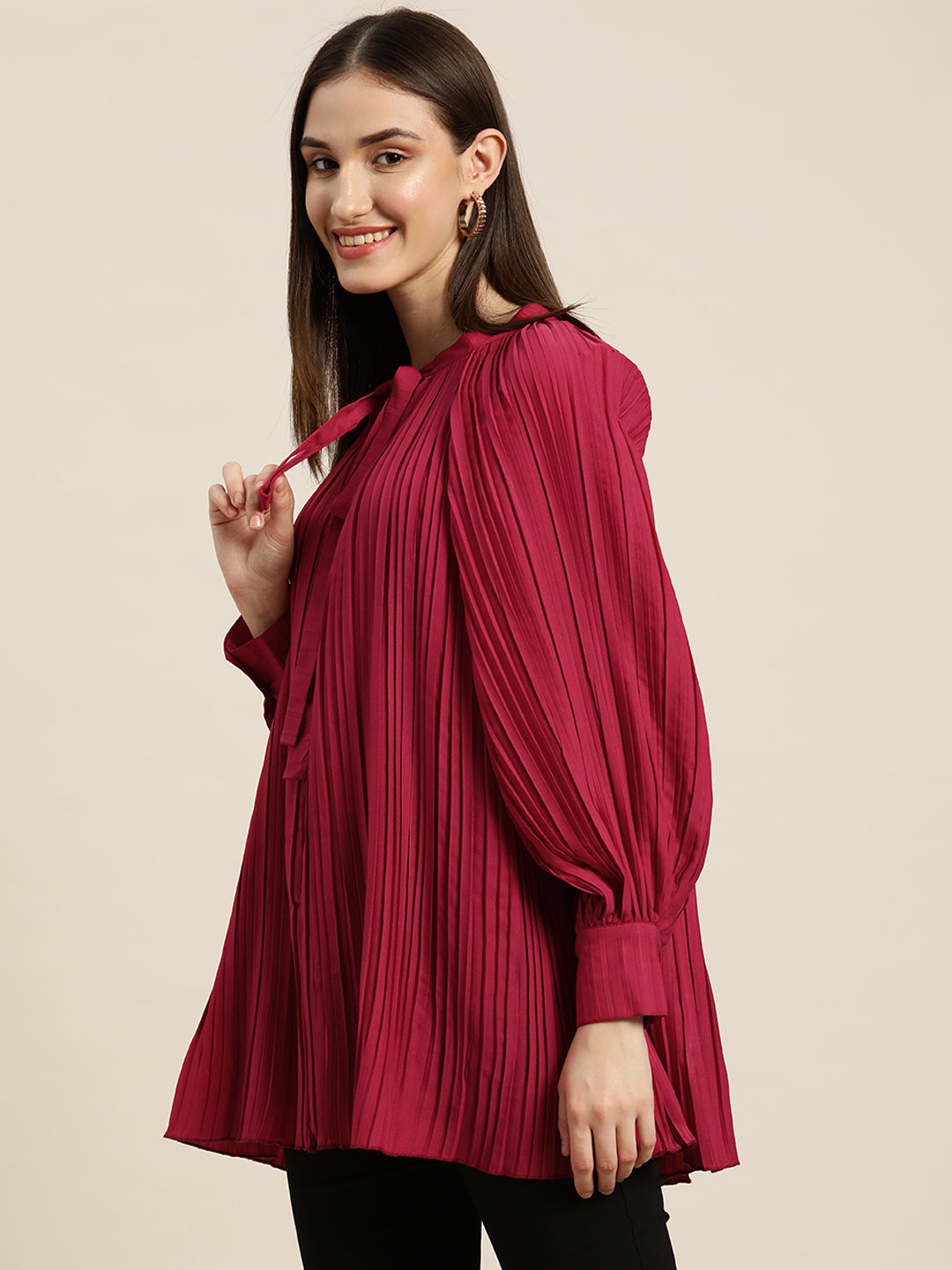 Solid Dark Maroon Regular Fit Mandarin Collar Full Long Sleeve Crepe Top