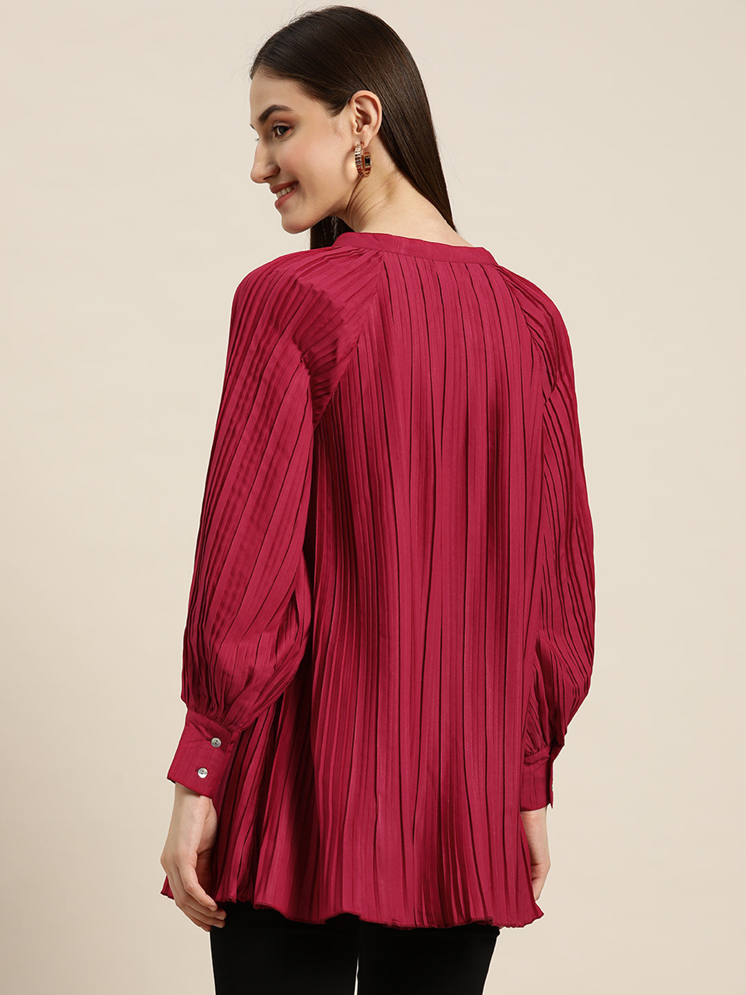 Solid Dark Maroon Regular Fit Mandarin Collar Full Long Sleeve Crepe Top