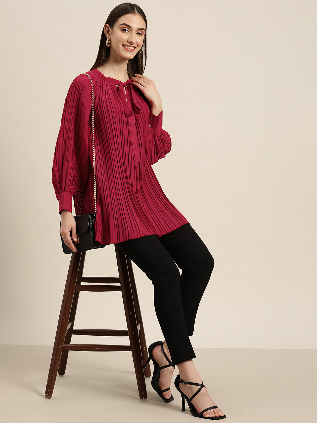 Solid Dark Maroon Regular Fit Mandarin Collar Full Long Sleeve Crepe Top
