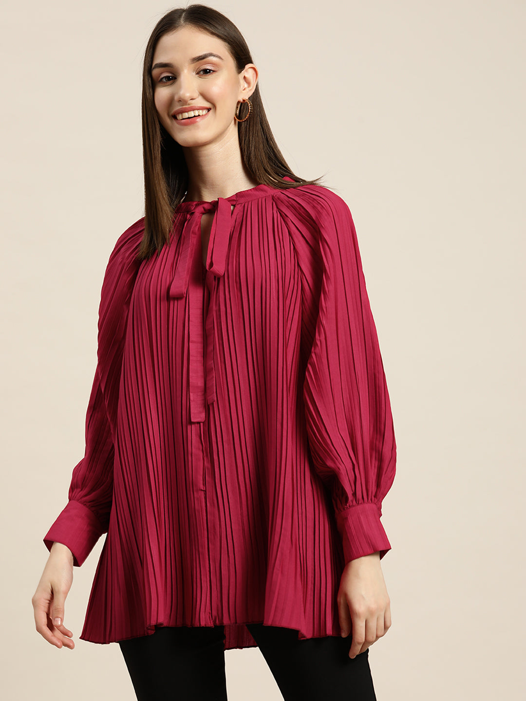 Solid Dark Maroon Regular Fit Mandarin Collar Full Long Sleeve Crepe Top