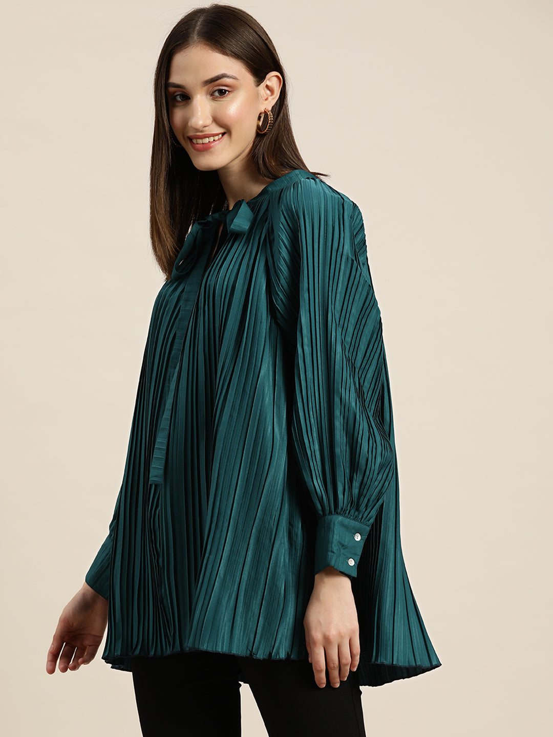 Solid Dark Teal Regular Fit Mandarin Collar Full Long Sleeve Crepe Top