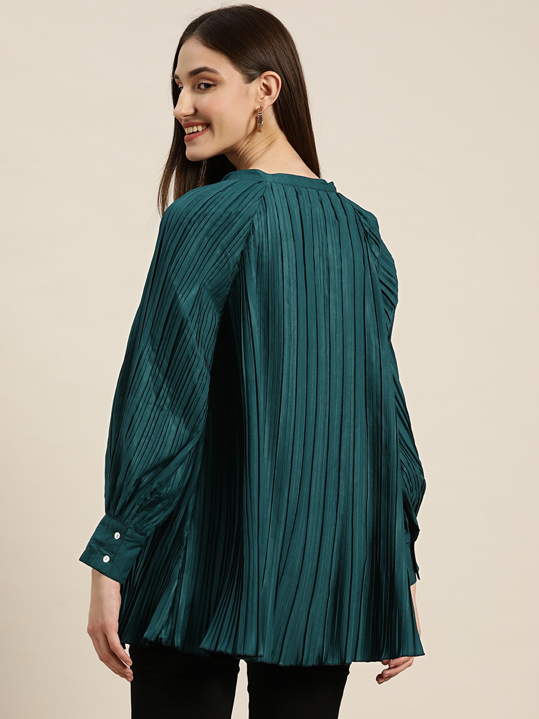 Solid Dark Teal Regular Fit Mandarin Collar Full Long Sleeve Crepe Top