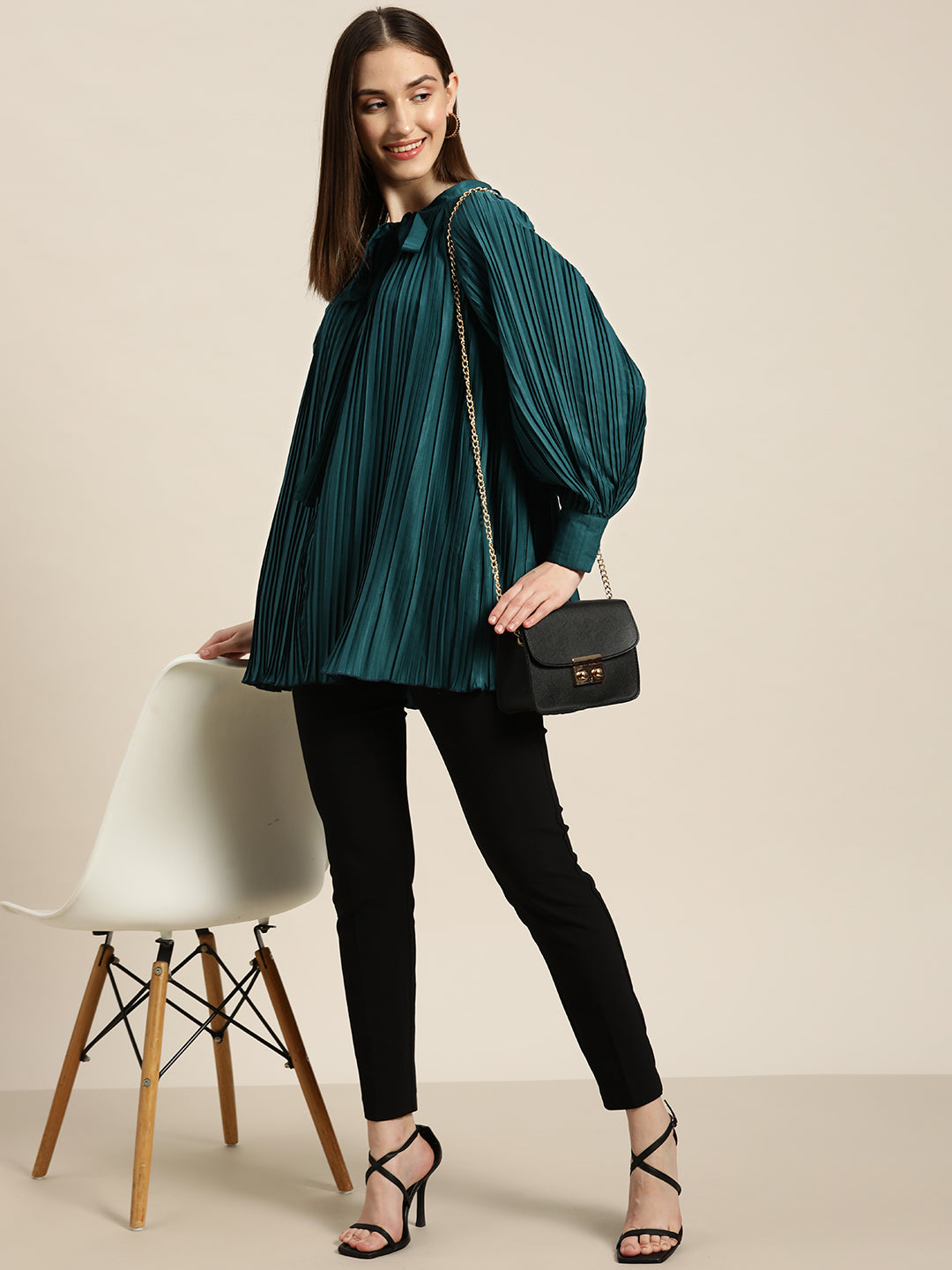 Solid Dark Teal Regular Fit Mandarin Collar Full Long Sleeve Crepe Top