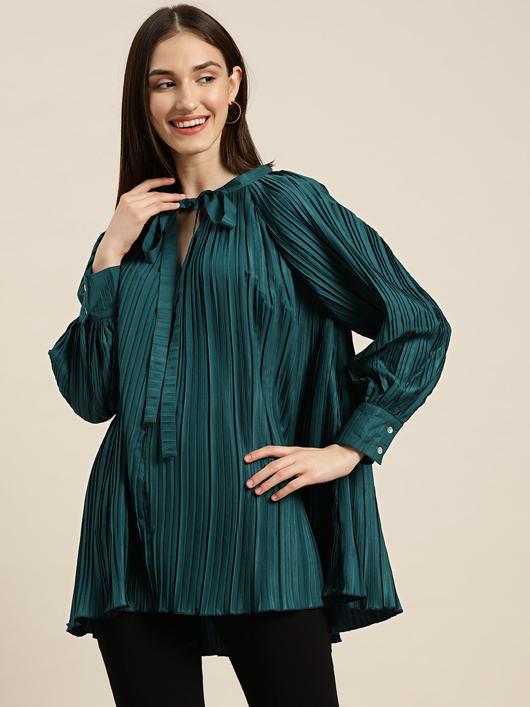 pleated teal tie top