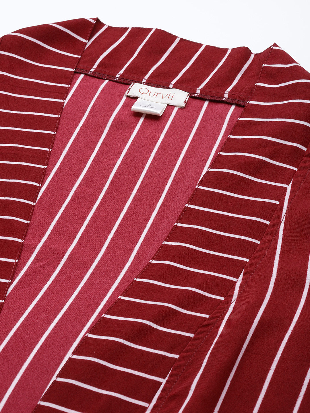 Stripe Dark Maroon Relaxed Fit V Neck Full Ruffle Sleeve Crepe Shrug
