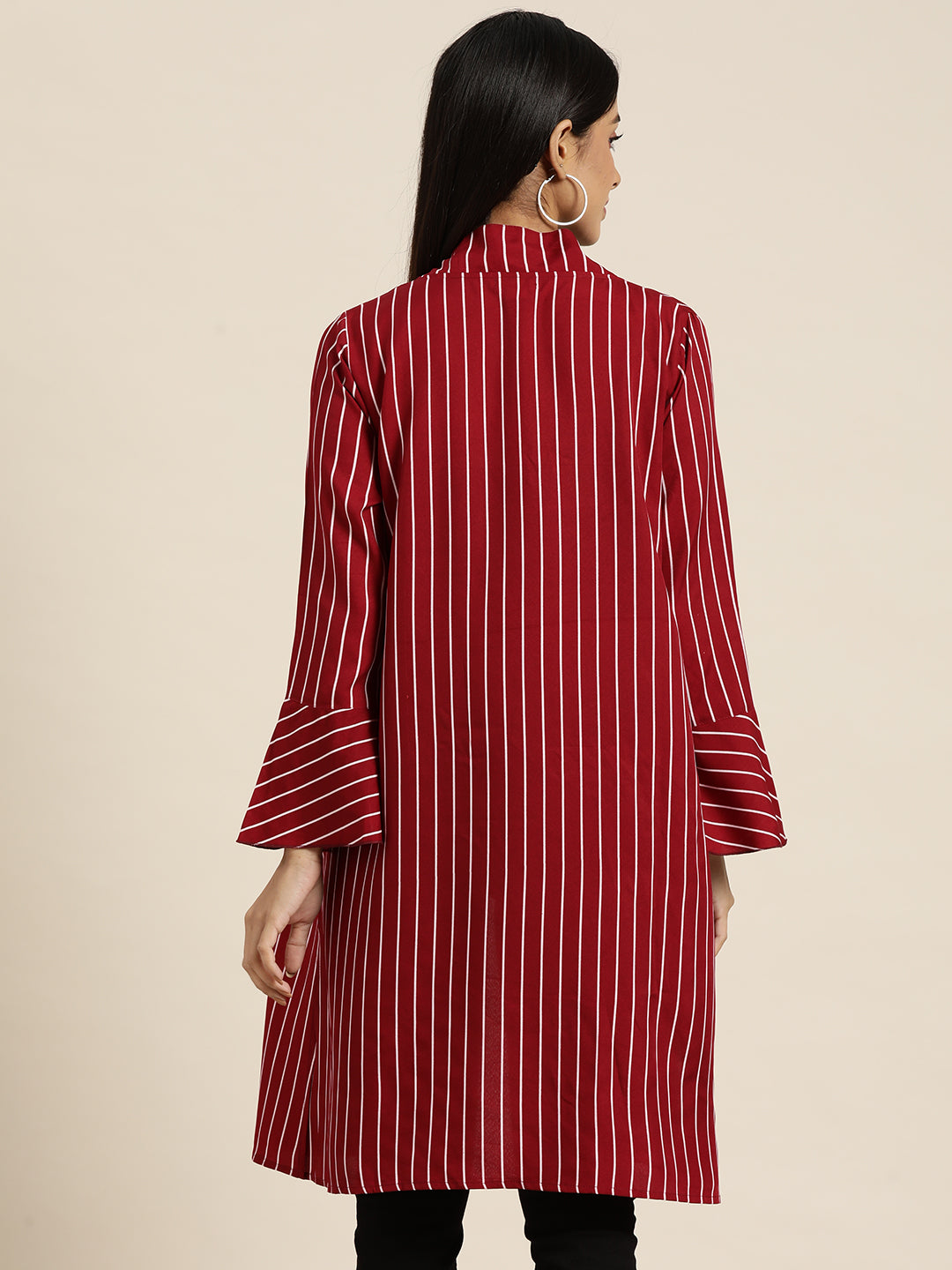 Stripe Dark Maroon Relaxed Fit V Neck Full Ruffle Sleeve Crepe Shrug
