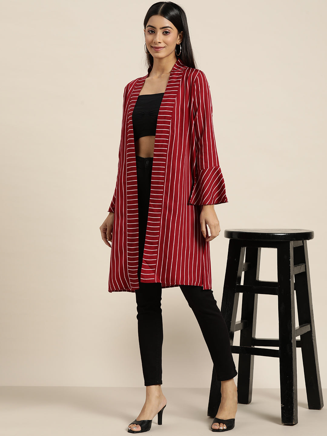 Stripe Dark Maroon Relaxed Fit V Neck Full Ruffle Sleeve Crepe Shrug
