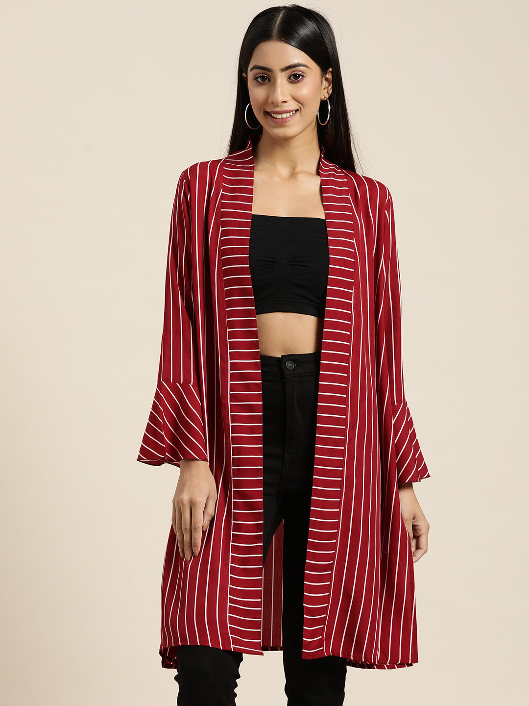 Stripe Dark Maroon Relaxed Fit V Neck Full Ruffle Sleeve Crepe Shrug