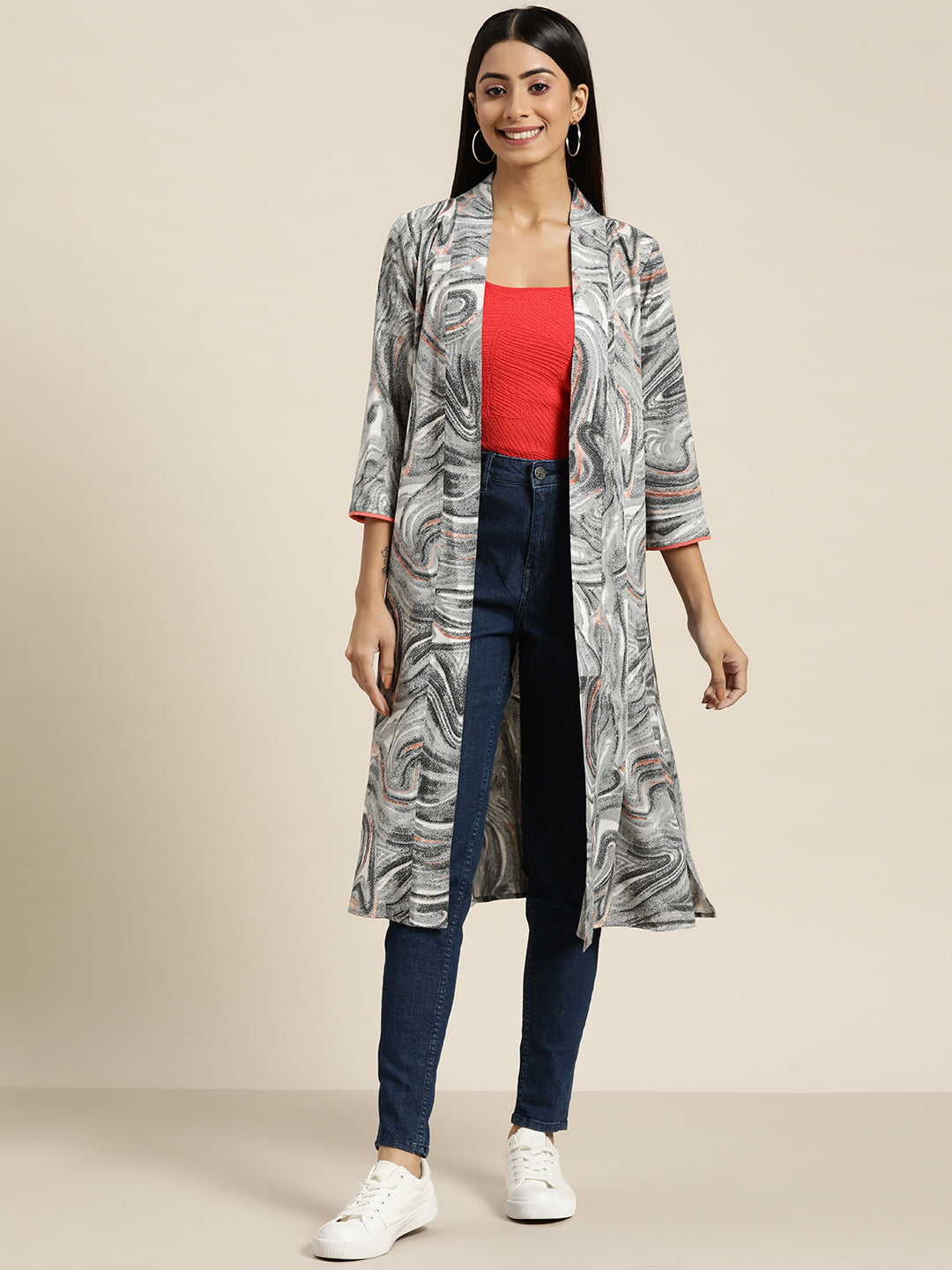 Abstract Dark Gray Relaxed Fit V Neck Three Quarter Crepe Shrug