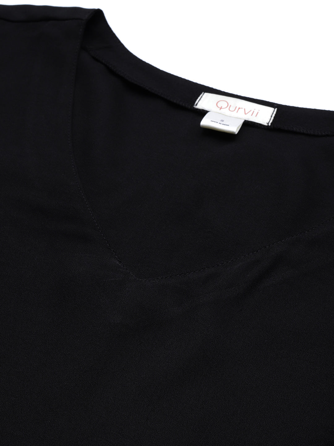 Solid Dark Black Regular Fit V Neck Short Ruffle Sleeve Moss Crepe Top