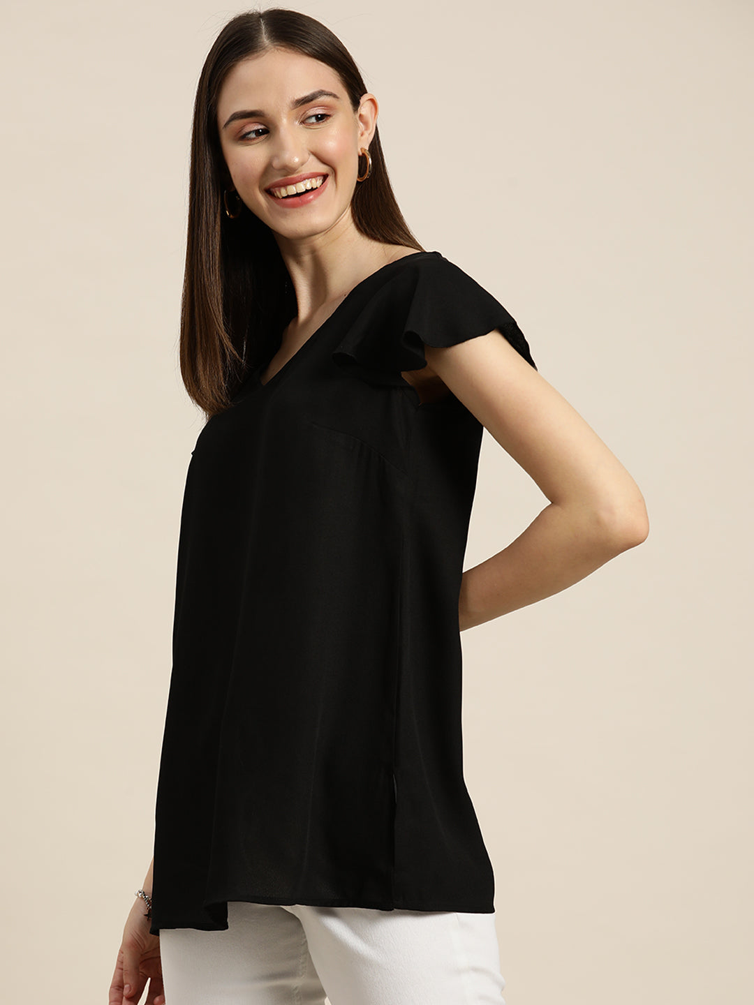 Solid Dark Black Regular Fit V Neck Short Ruffle Sleeve Moss Crepe Top