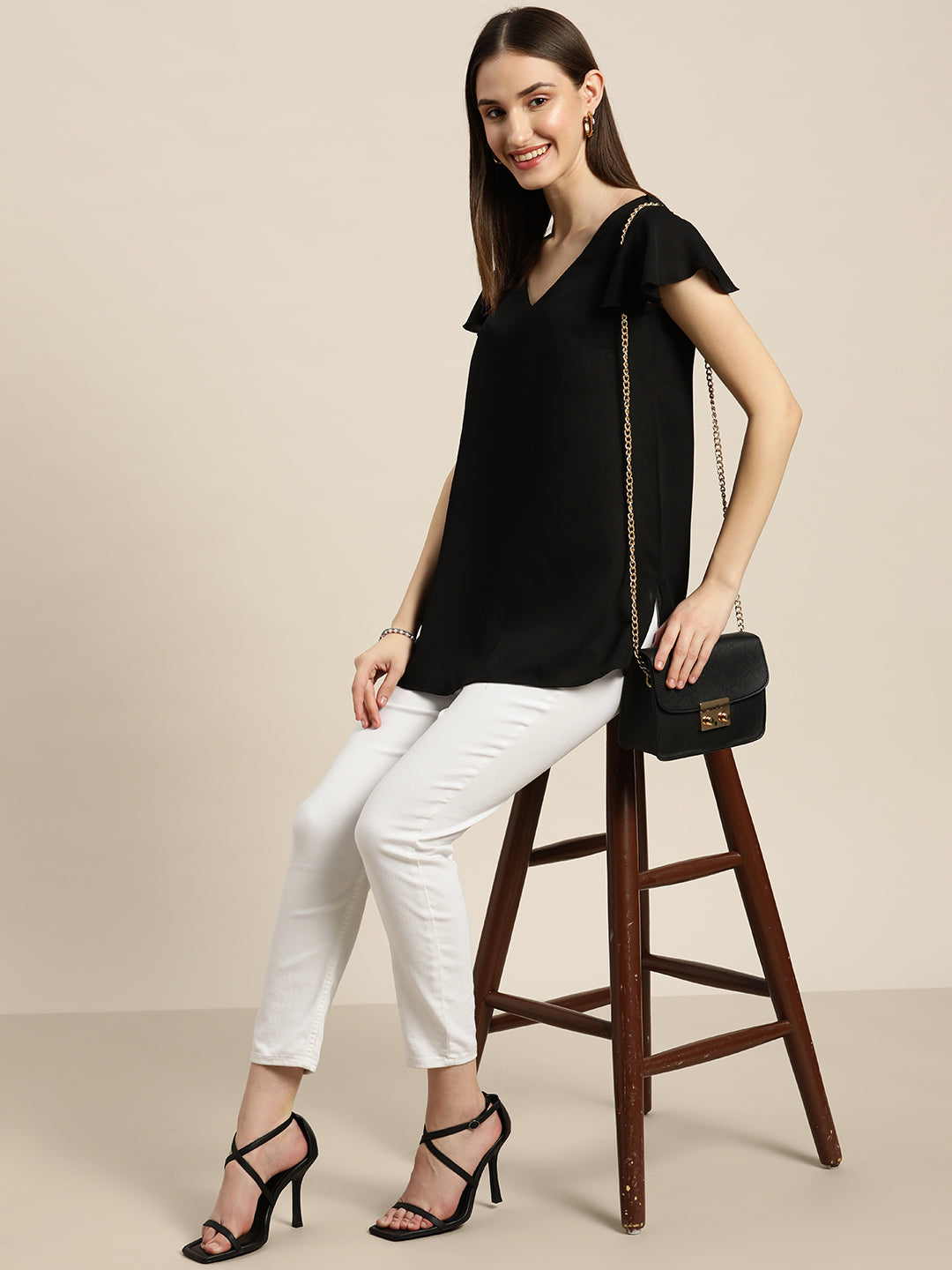 Solid Dark Black Regular Fit V Neck Short Ruffle Sleeve Moss Crepe Top