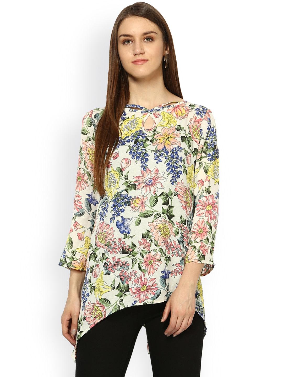 Qurvii Floral Sharbite Criss Cross Scoop Neck Tunic - Qurvii India