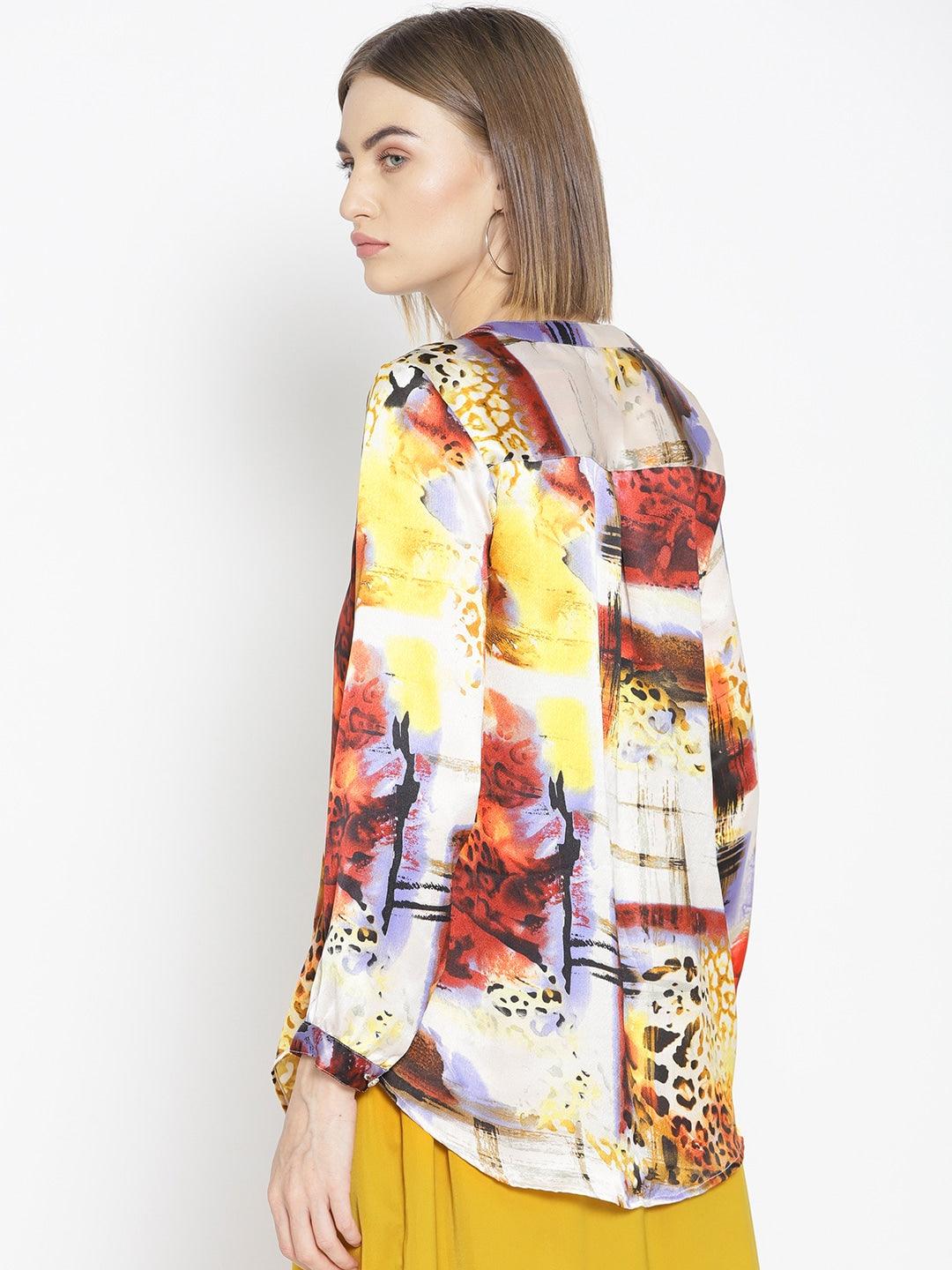 Qurvii Women Multicoloured Printed Satin Finish Shirt Style Top - Qurvii India