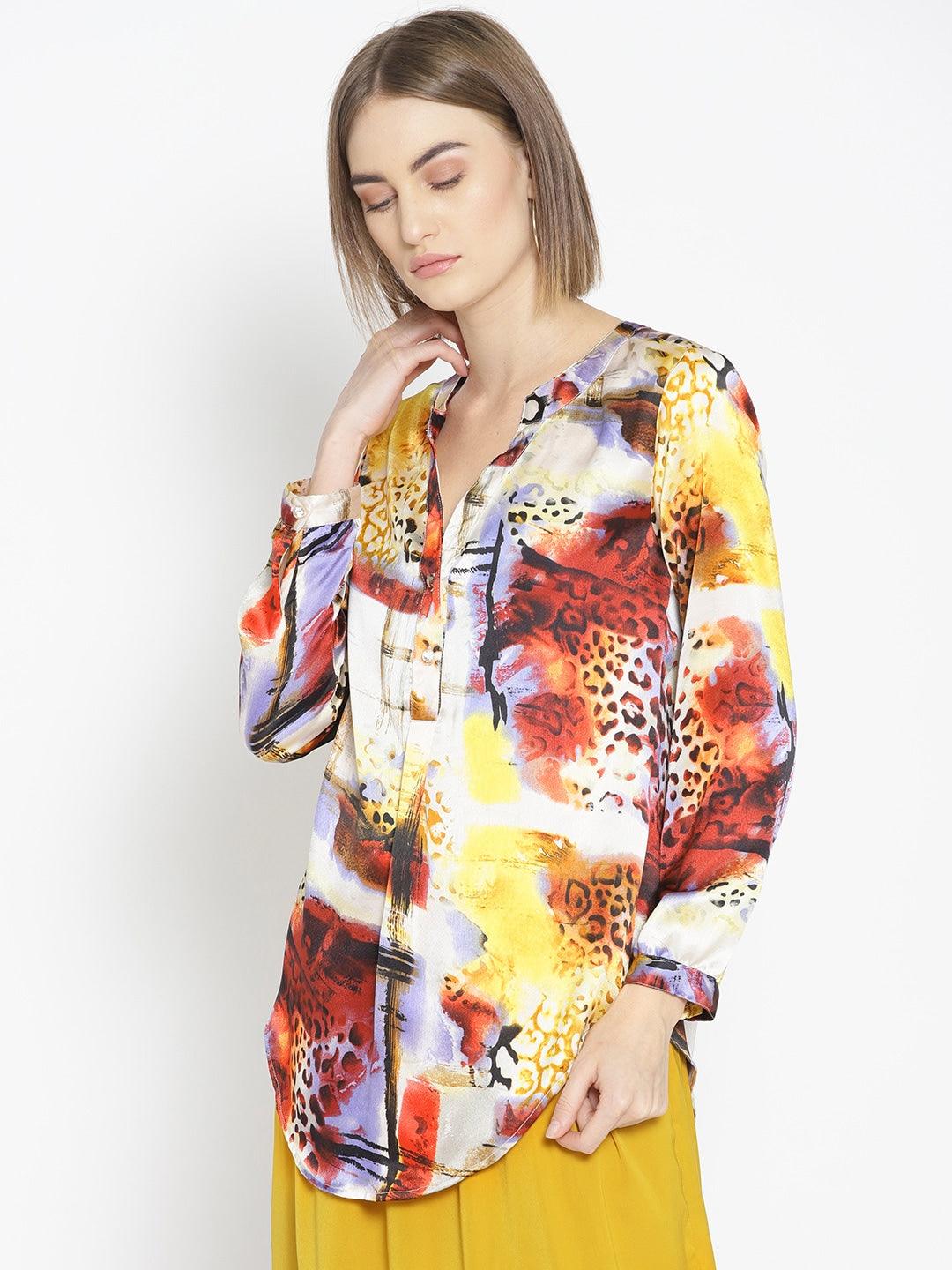 Qurvii Women Multicoloured Printed Satin Finish Shirt Style Top - Qurvii India