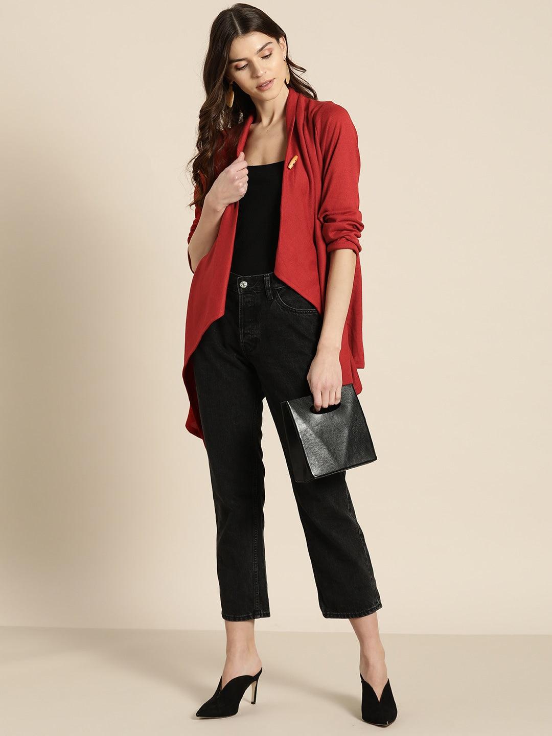Qurvii Women Maroon Solid Button Shrug - Qurvii India