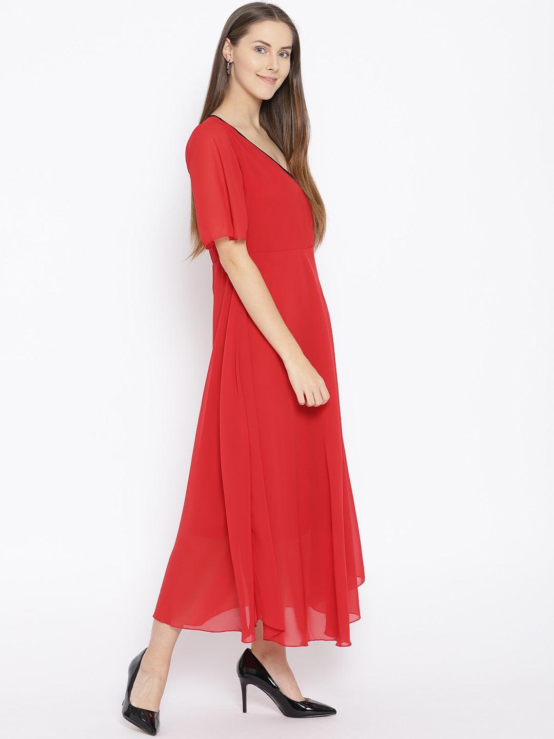 Qurvii Women Red Solid Wrap Maxi Dress - Qurvii India