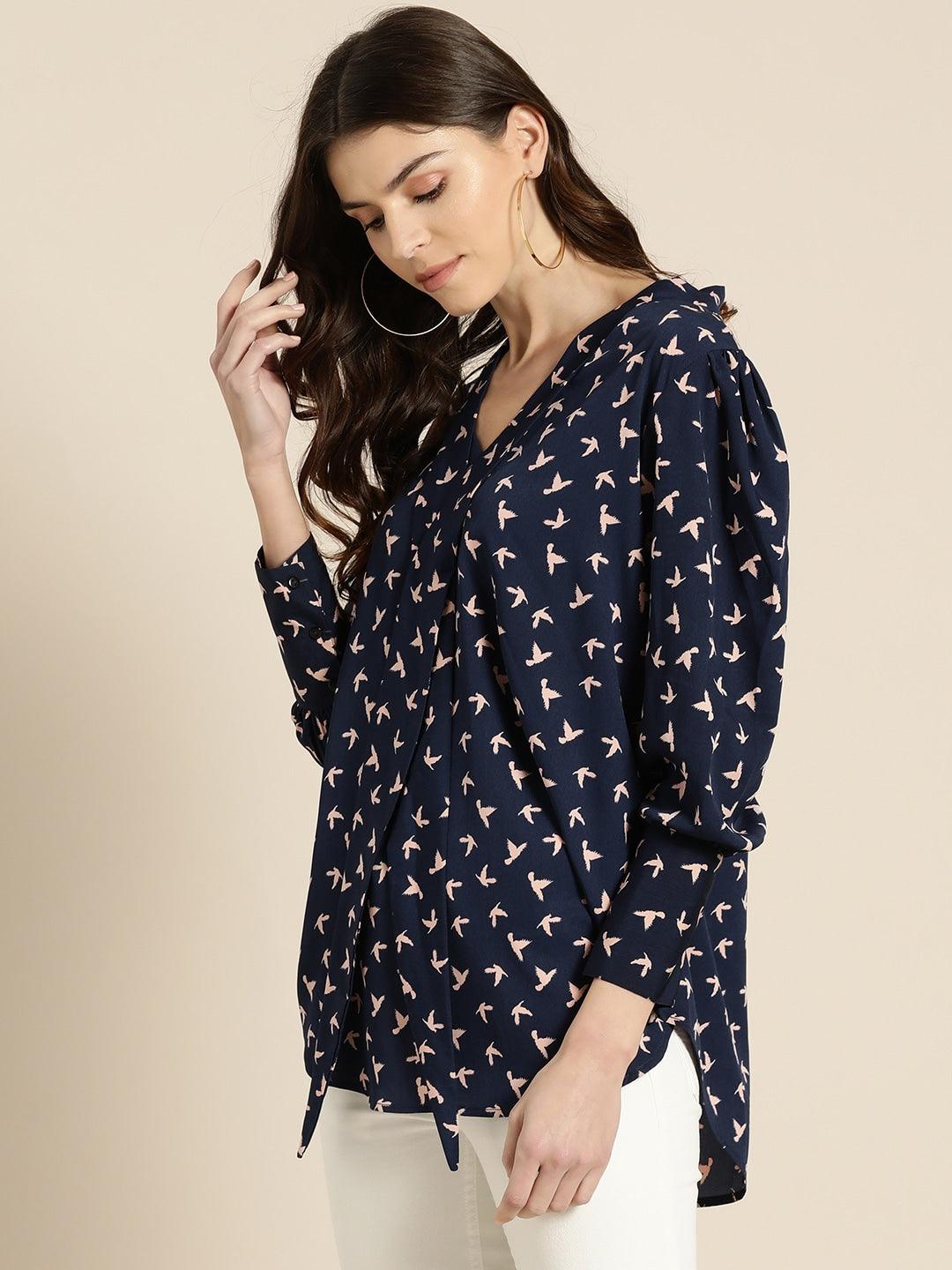 Qurvii Women Navy Blue Pink Conversational Printed Top - Qurvii India
