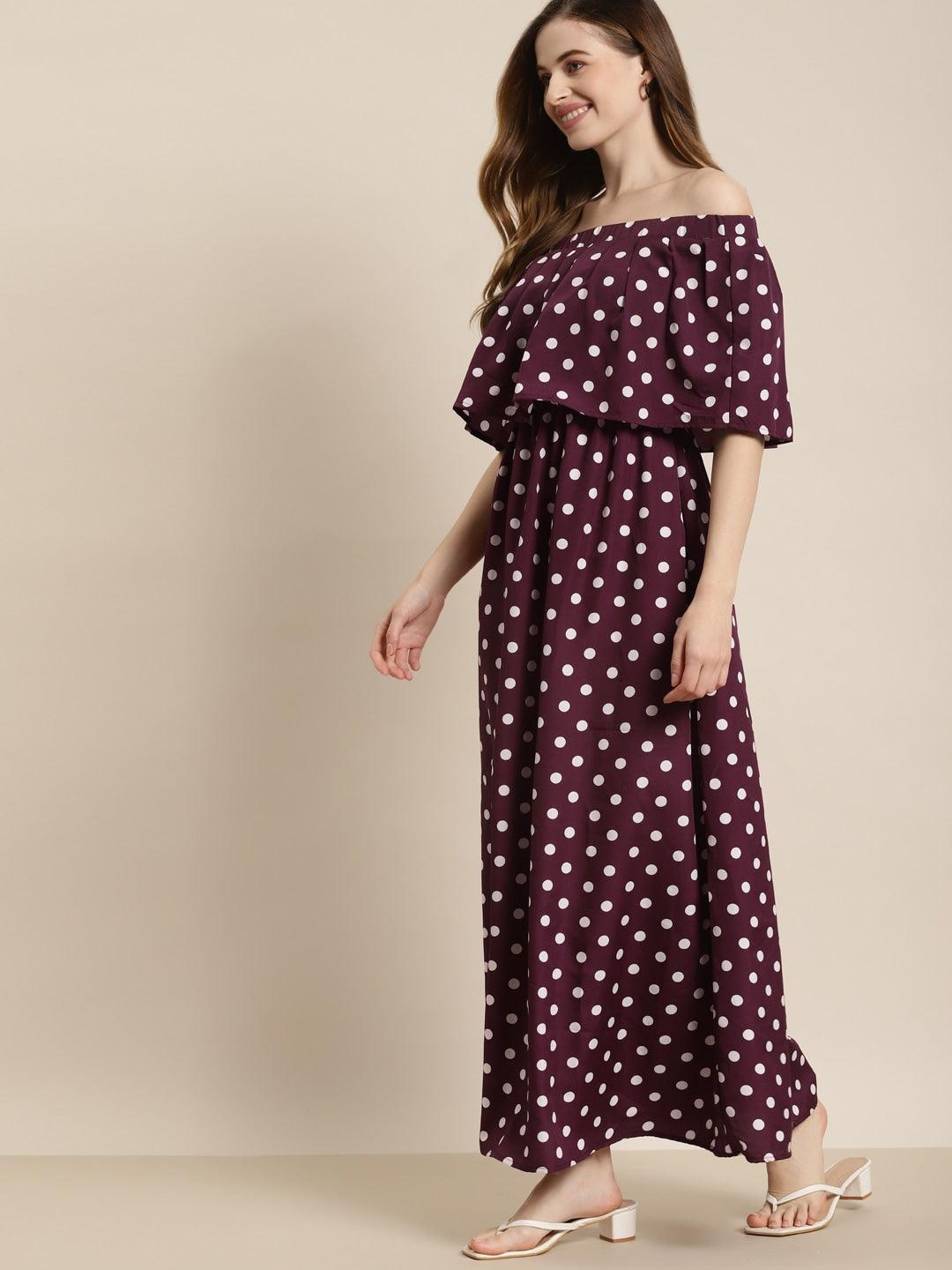 Qurvii Burgundy & White Polka Dot Print Off-Shoulder Maxi Dress - Qurvii India