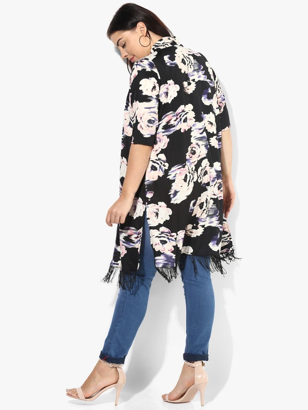 Qurvii Black Printed Open Front Shrug - Qurvii India