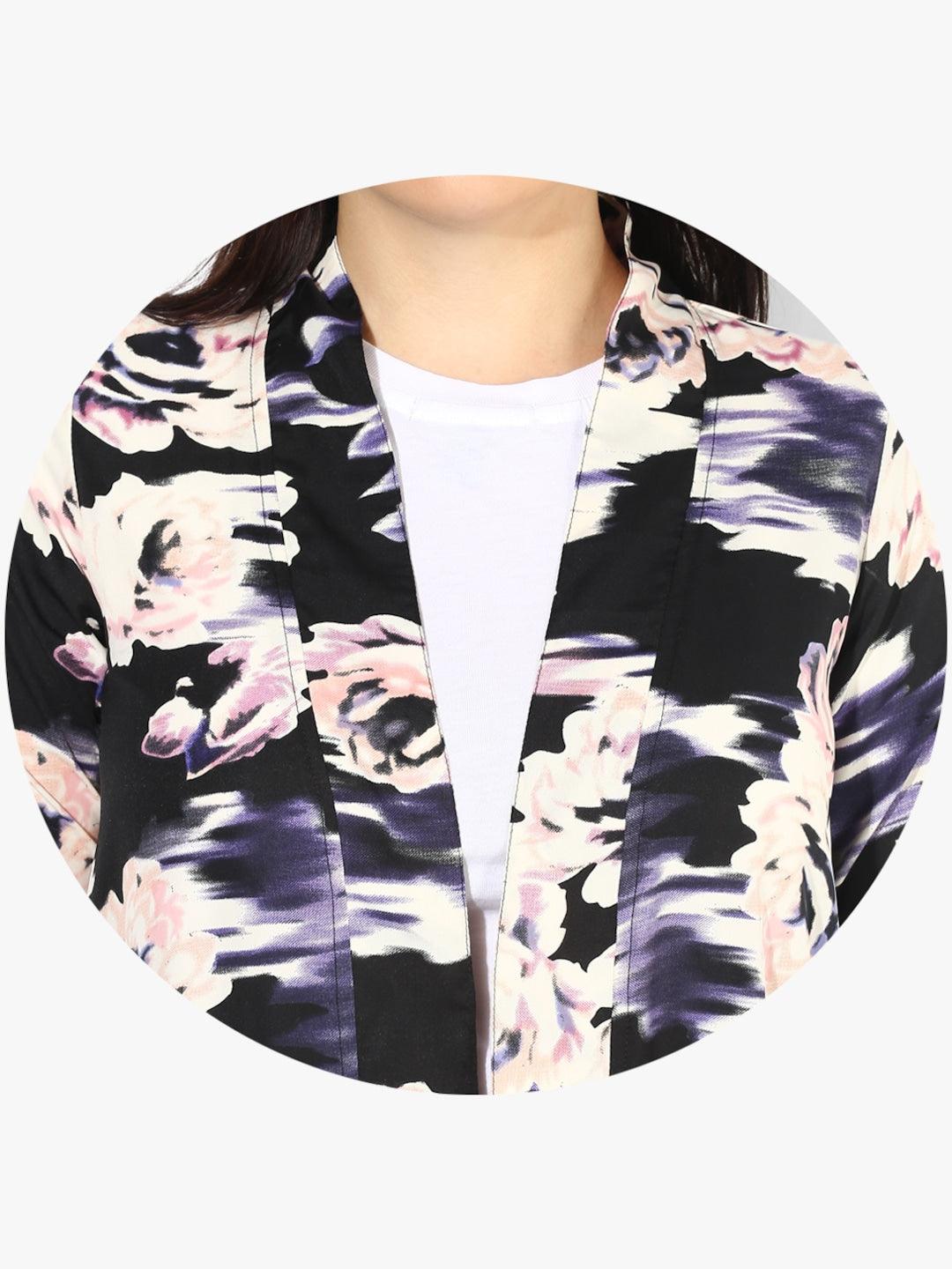 Qurvii Black Printed Open Front Shrug - Qurvii India