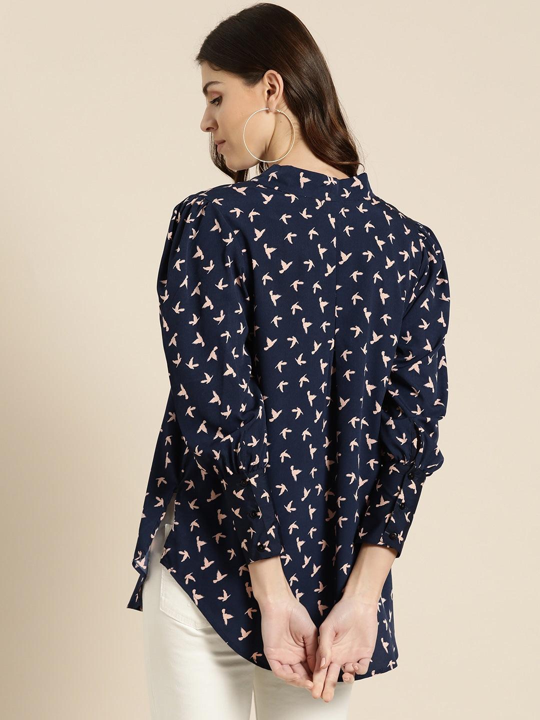 Qurvii Women Navy Blue Pink Conversational Printed Top - Qurvii India