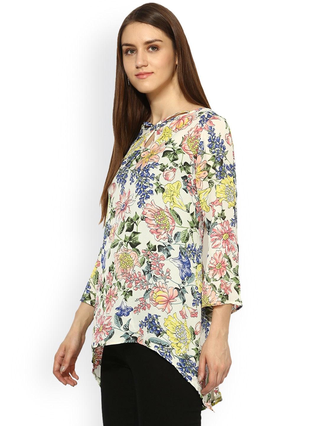 Qurvii Floral Sharbite Criss Cross Scoop Neck Tunic - Qurvii India