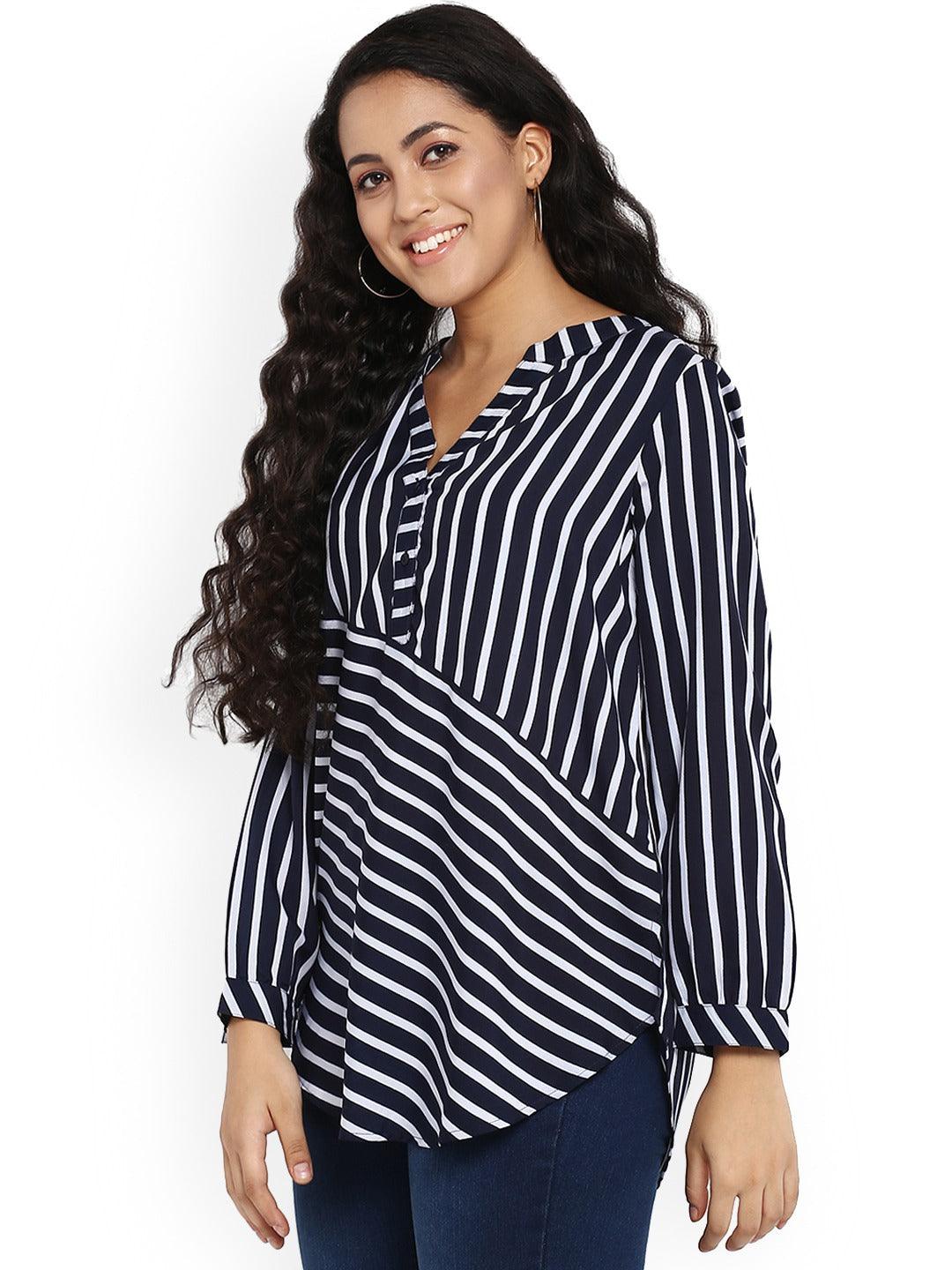 Qurvii Women Navy Blue Striped High-Low Top - Qurvii India