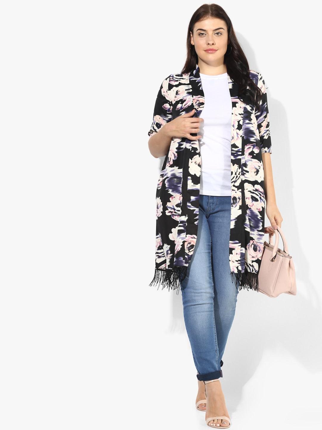 Qurvii Black Printed Open Front Shrug - Qurvii India