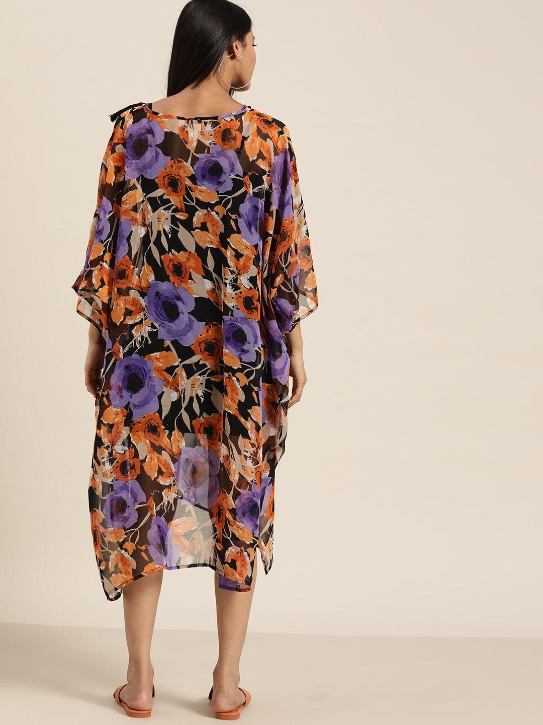 Qurvii Women Black & Orange Sheer Floral Printed Asymmetric Kaftan Dress - Qurvii India