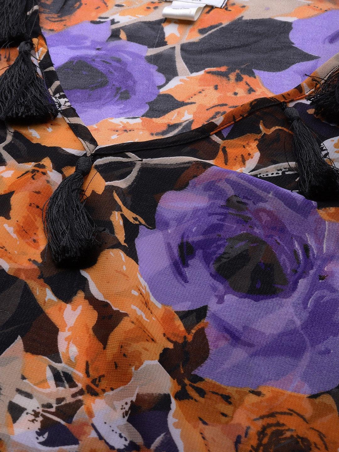 Qurvii Women Black & Orange Sheer Floral Printed Asymmetric Kaftan Dress - Qurvii India
