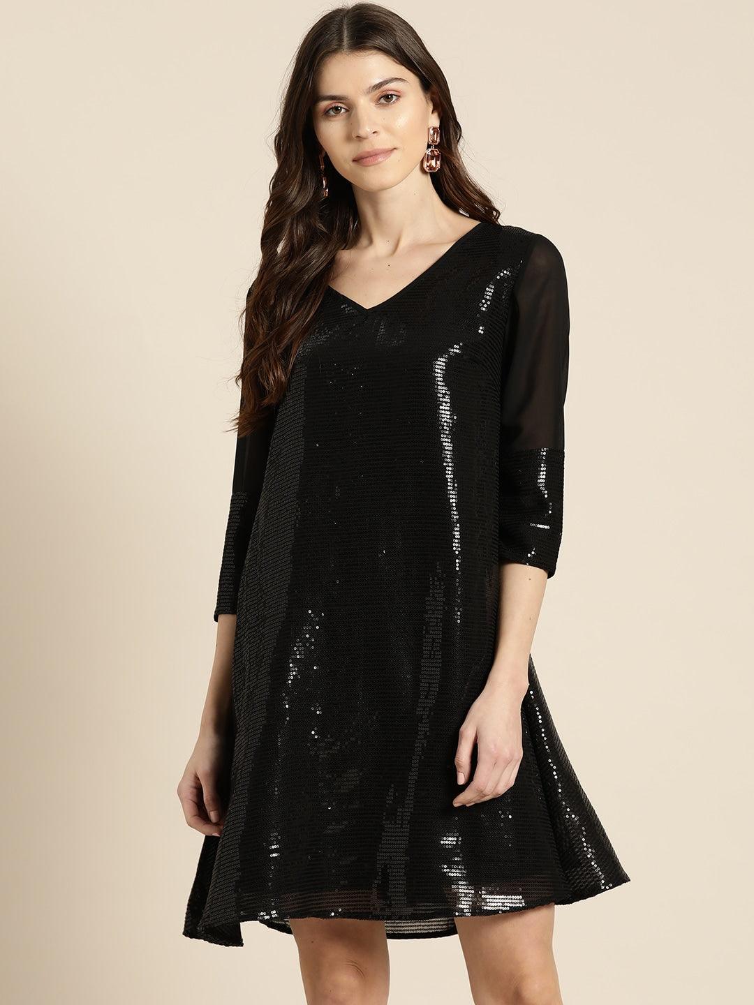 sequenced Dark Black Relaxed Fit V Neck Three Quarter Sequins Dress
