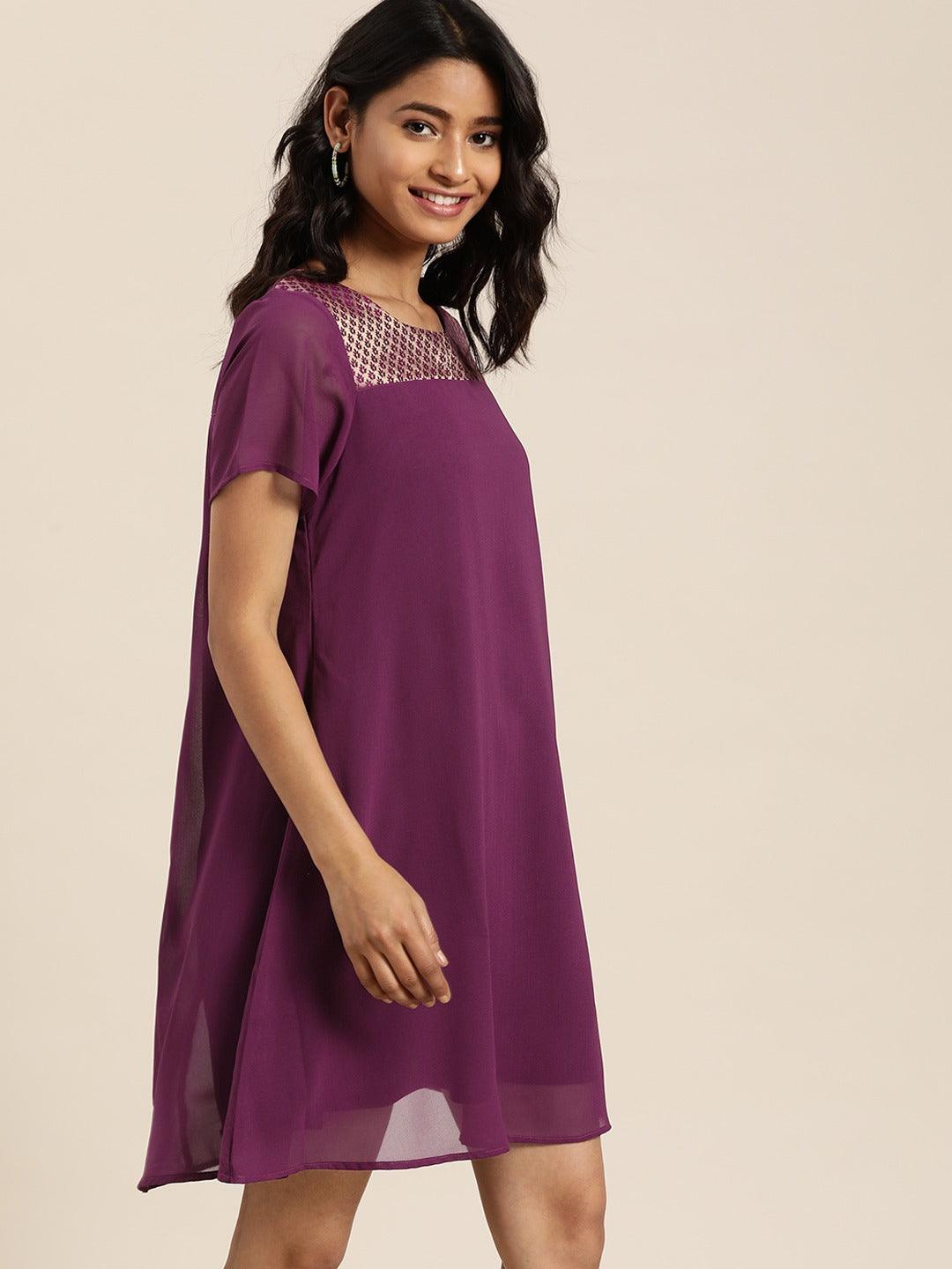 Qurvii Women Purple Solid A-Line Dress - Qurvii India