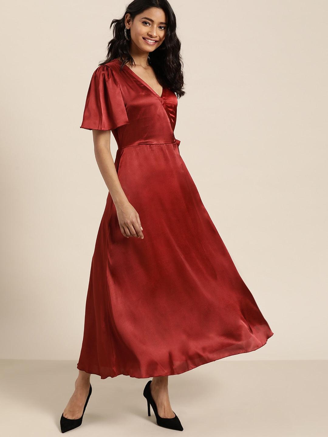 Solid Dark Maroon Slim Fit V Neck Short Bell Sleeve Satin Dress