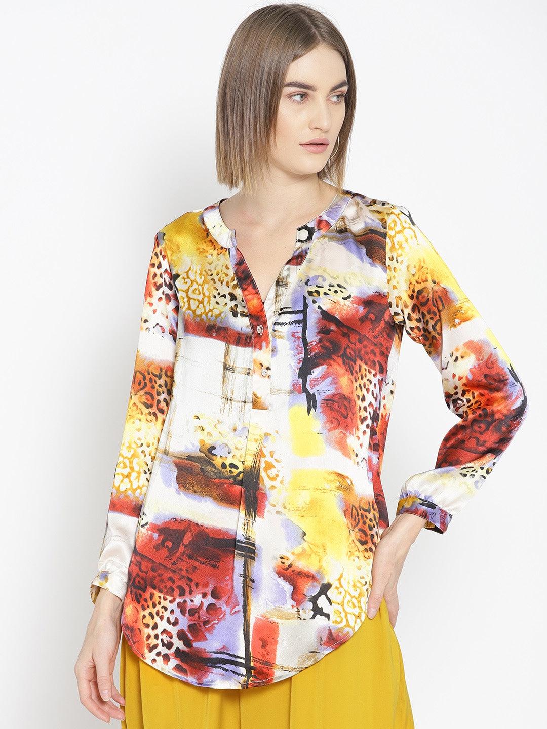 Qurvii Women Multicoloured Printed Satin Finish Shirt Style Top - Qurvii India