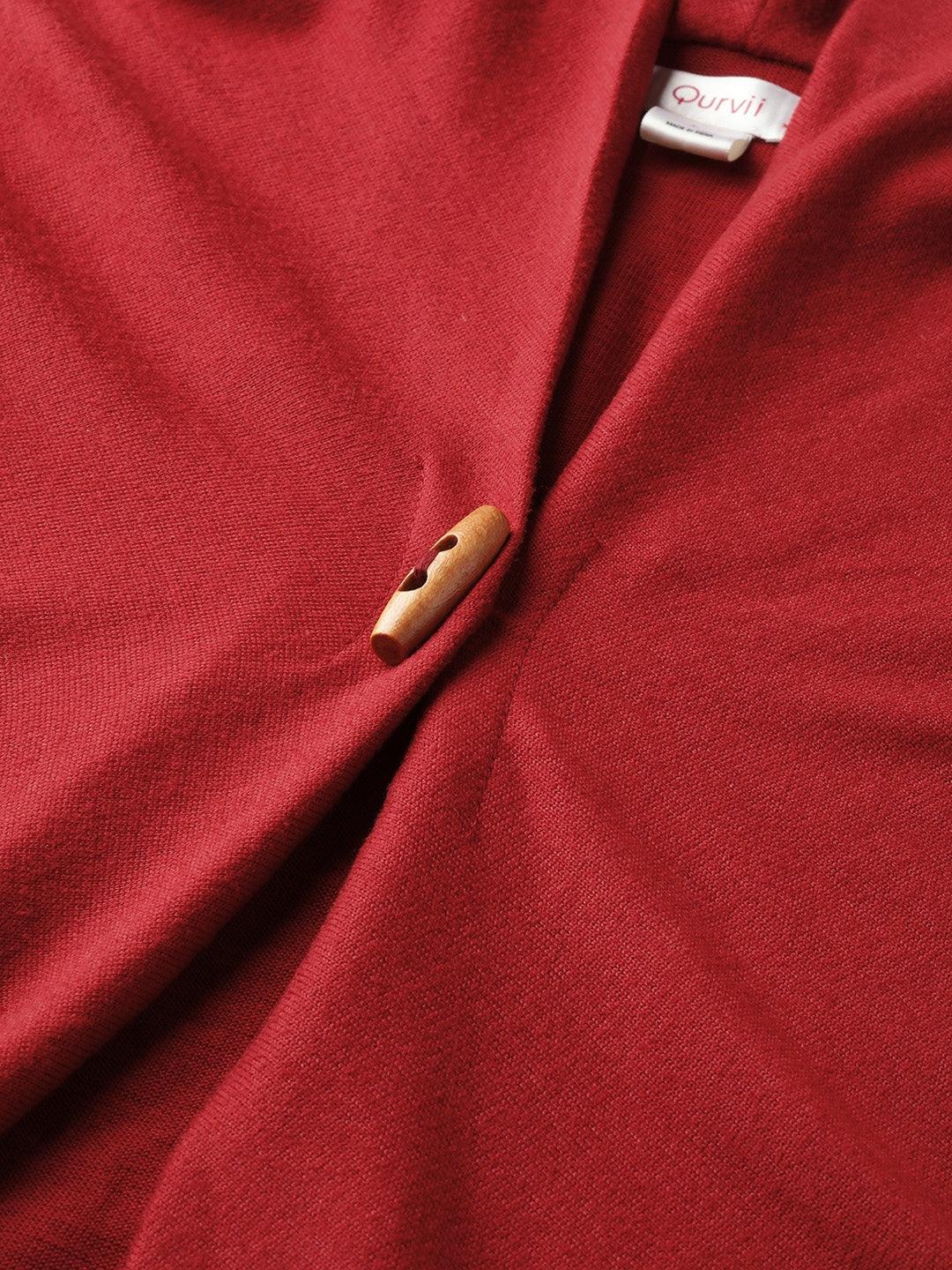 Qurvii Women Maroon Solid Button Shrug - Qurvii India