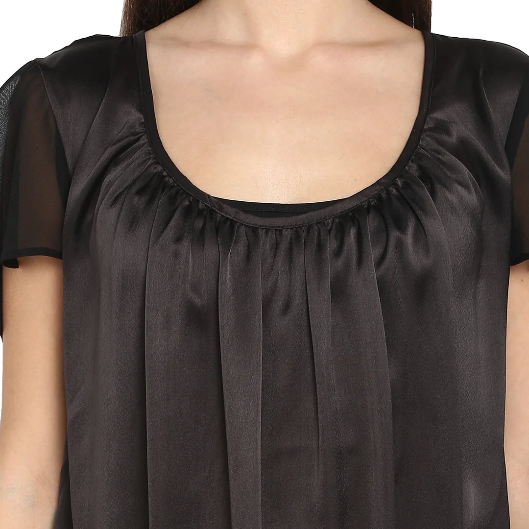 Solid Dark Black Regular Fit Round Neck Half  Satin Dress