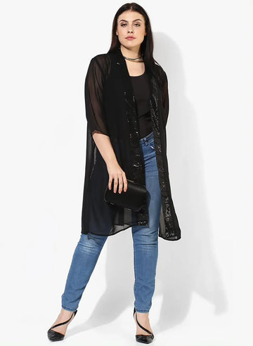 Qurvii Black Solid Open Front Shrug