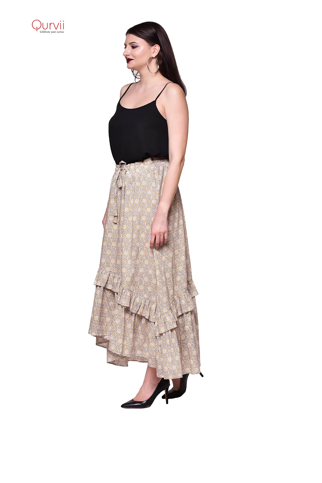 Qurvii Mustard Frill Cotton Skirt
