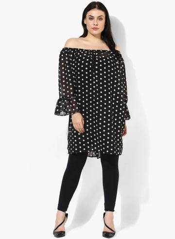 Polka Dark Black Relaxed Fit Off Shoulder Full Bell Sleeve Georgette Dress