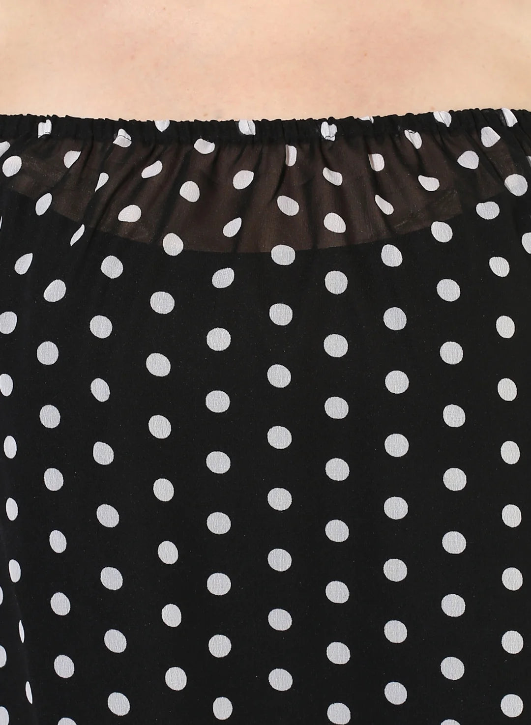 Polka Dark Black Relaxed Fit Off Shoulder Full Bell Sleeve Georgette Dress