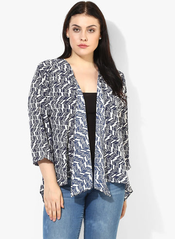 Qurvii Women Blue Printed Open Front Shrug