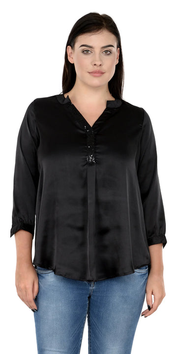 Solid Dark Black Loose Fit V Neck Full Puff Sleeve Satin Top