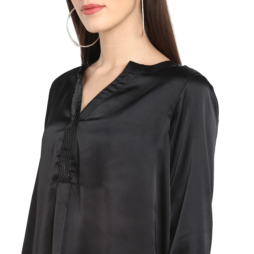 Solid Dark Black Loose Fit V Neck Full Puff Sleeve Satin Top